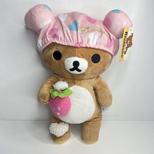 Rilakkuma Bear Bath Time Plush Atsume Cap Strawberry Zipper Pocket Tags 15"